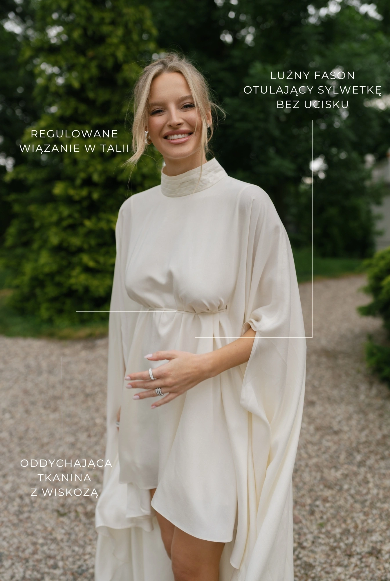 Larumi – vestido premamá color crudo con diseño tipo capa